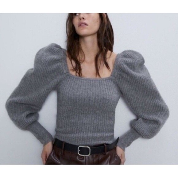 Zara Gray Square Neck Puff Sleeve Ribbed Knit Sweater Size Small - Picture 1 of 10